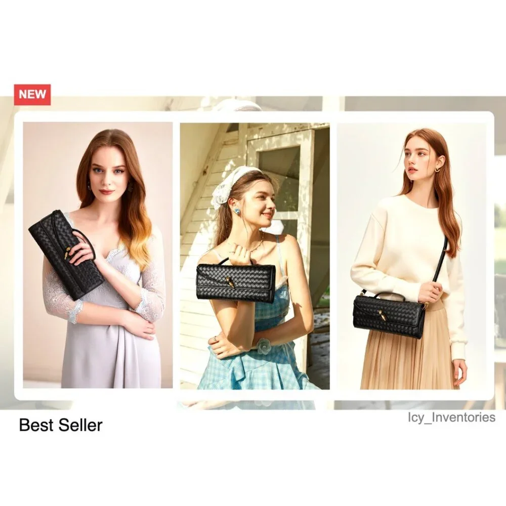 PU Leather Woven Evening Clutch Purse, Adjustable Strap Crossbody Shoulder Bag